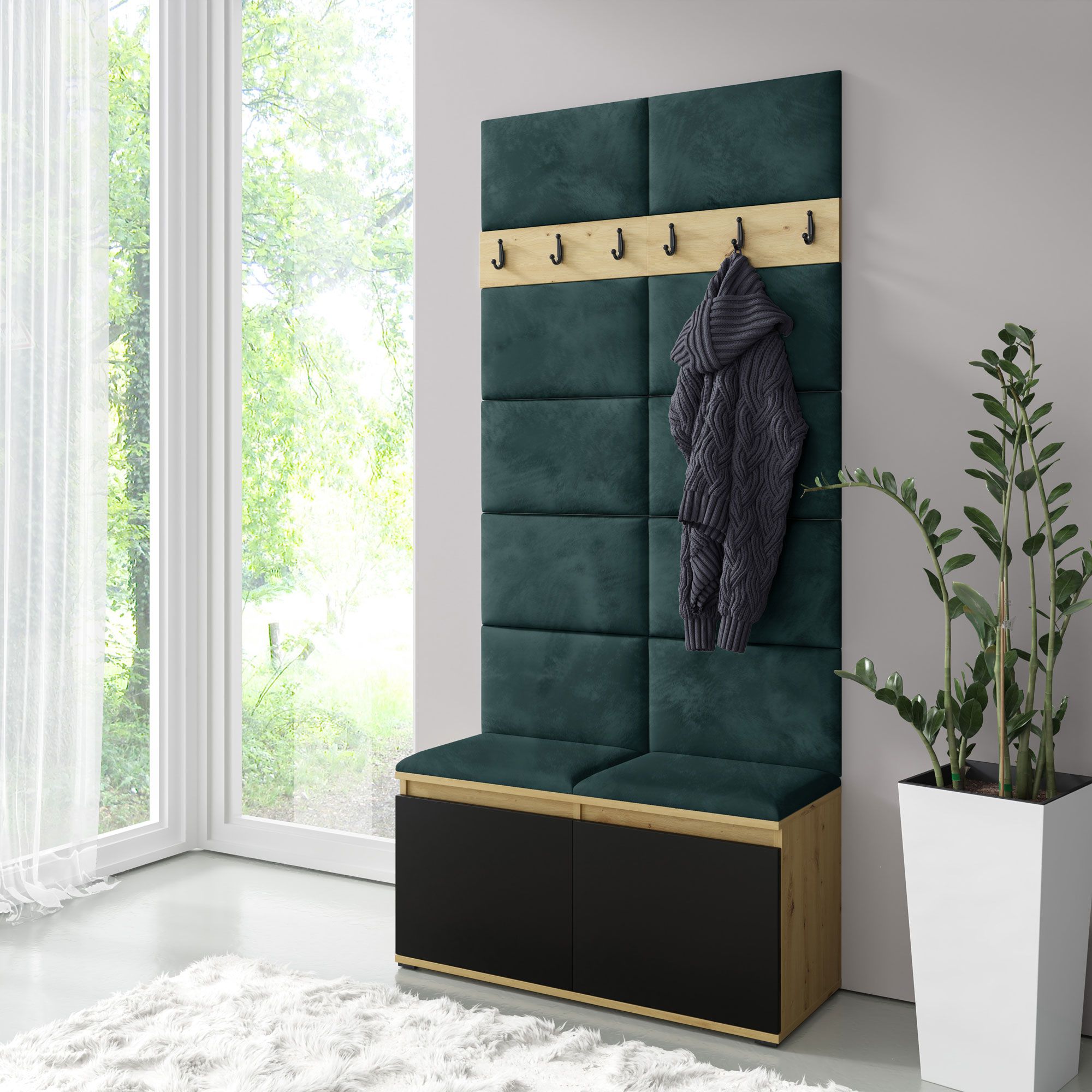 Armadio 01 con pannelli imbottiti per parete e panca, Artisan/nero/verde bottiglia, 215 x 100 x 40 cm, per 8 paia di scarpe, 6 ganci per cappotti, 4 scomparti