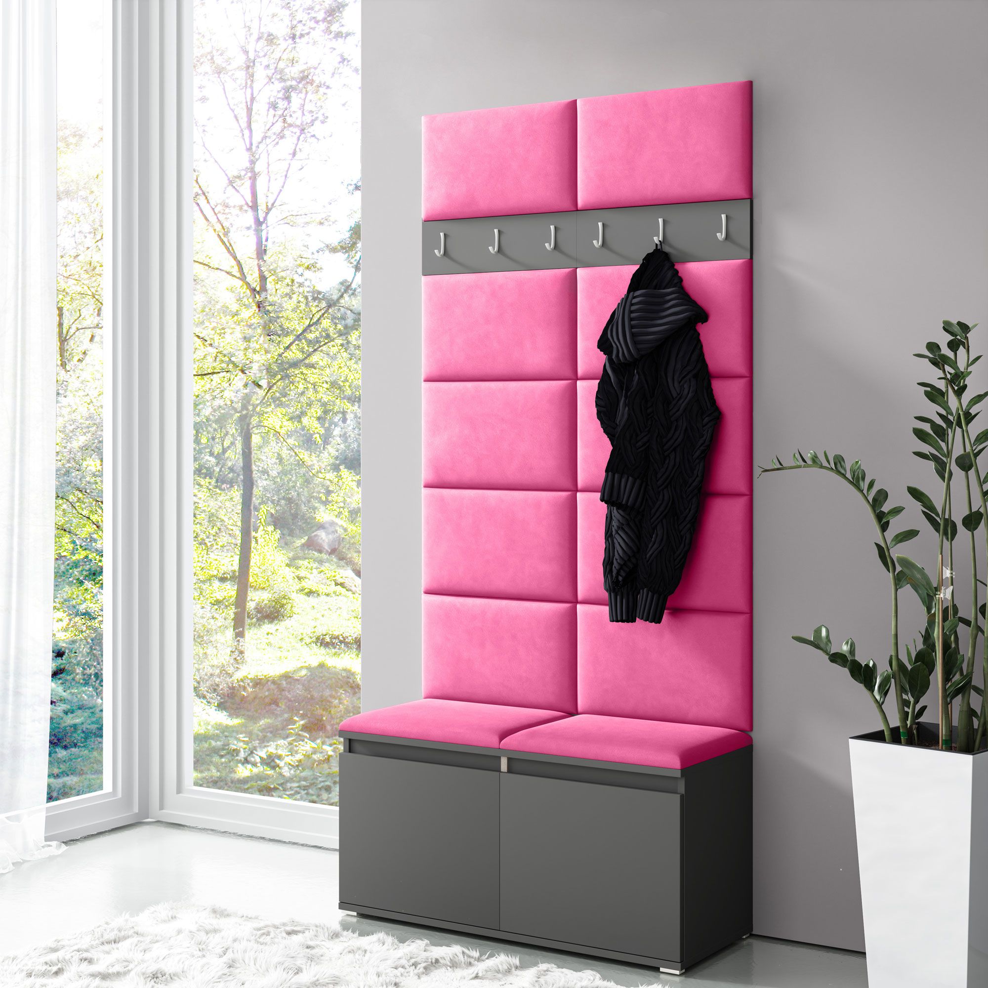 Armadio 01 con pannelli imbottiti rosa per panca e parete, grafite/rosa, 215 x 100 x 40 cm, 6 ganci per cappotti, 4 scomparti, scarpiera per 8 paia di scarpe