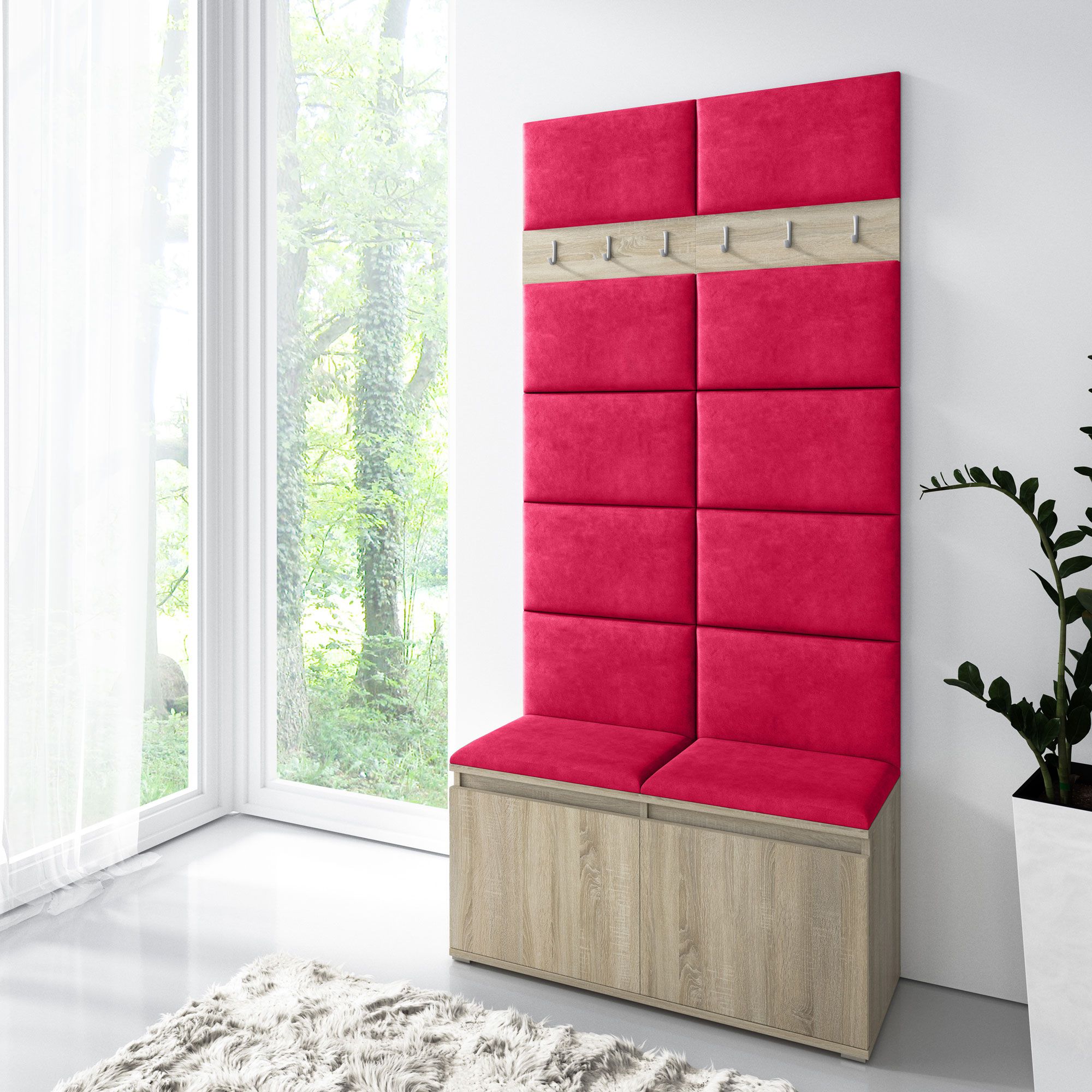 Piccolo armadio 01 con pannelli imbottiti rossi, 6 ganci per cappotti, 4 scomparti, rovere Sonoma/rosso, 215 x 100 x 40 cm, scarpiera per 8 paia di scarpe