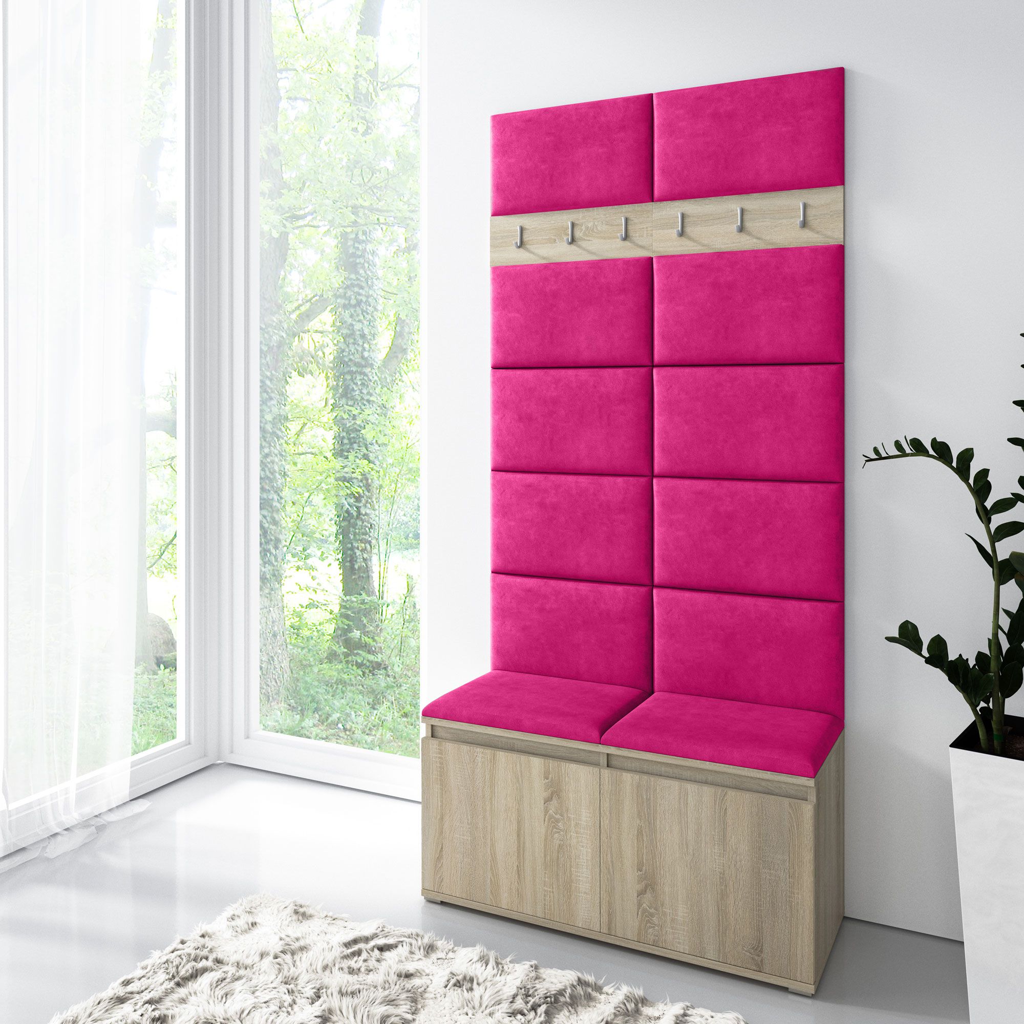 Armadio 01 per spogliatoio con panca imbottita rosa, rovere Sonoma/rosa, 215 x 100 x 40 cm, per 8 paia di scarpe, 6 ganci per cappotti, 4 scomparti