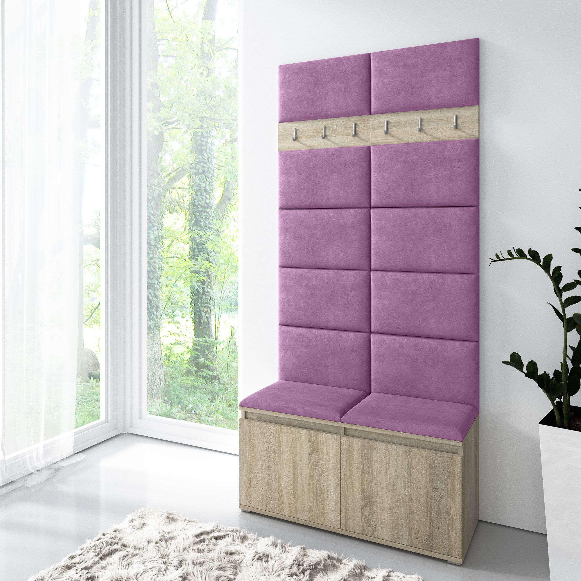 Armadio 01 per ingresso con scarpiera per 8 paia di scarpe, panca/parete imbottita, rovere Sonoma/viola, 215 x 100 x 40 cm, 6 ganci appendiabiti, 4 vani