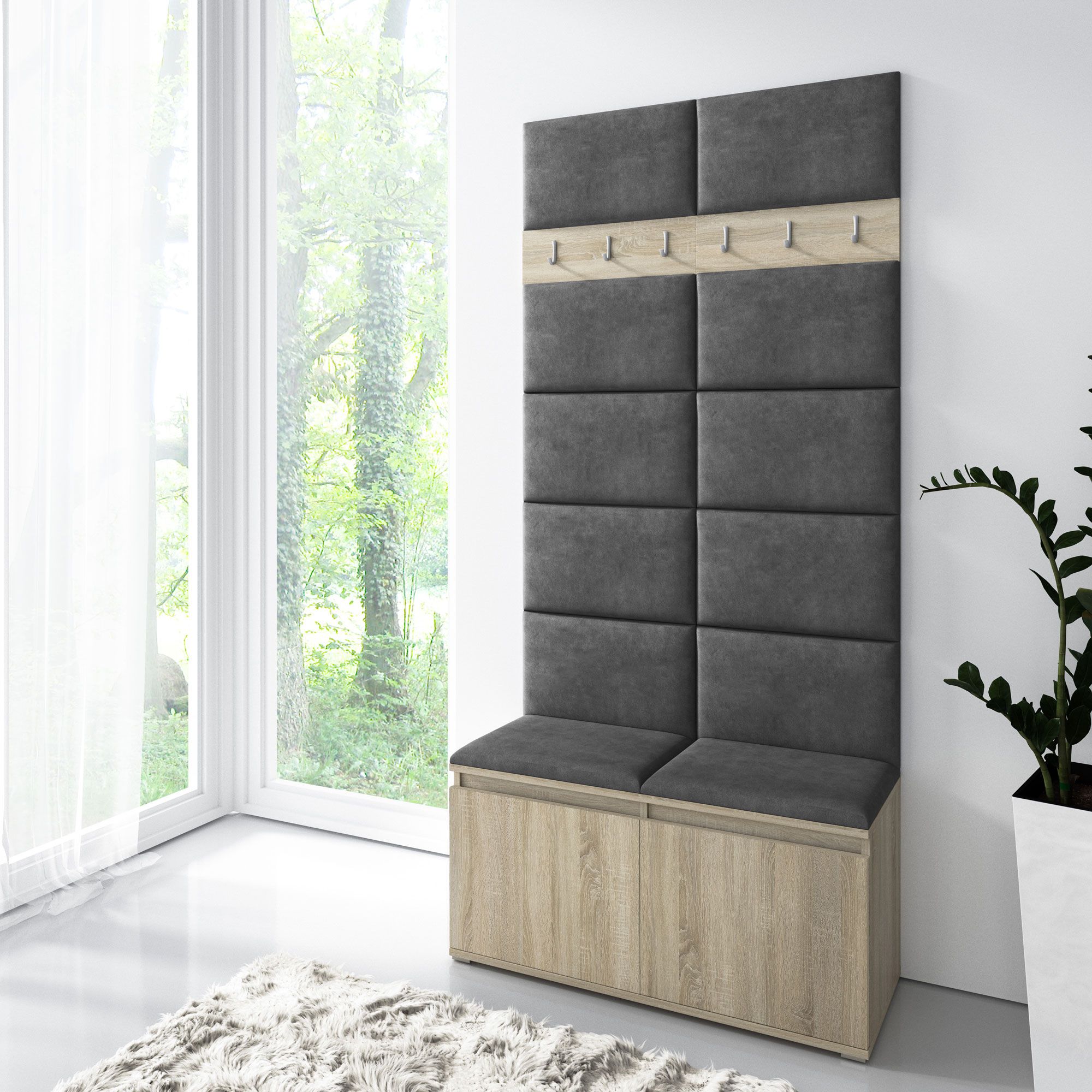 Armadio 01 con scarpiera e pannello imbottito, rovere Sonoma/nero chiaro, 215 x 100 x 40 cm, per 8 paia di scarpe, 6 ganci appendiabiti, 4 vani