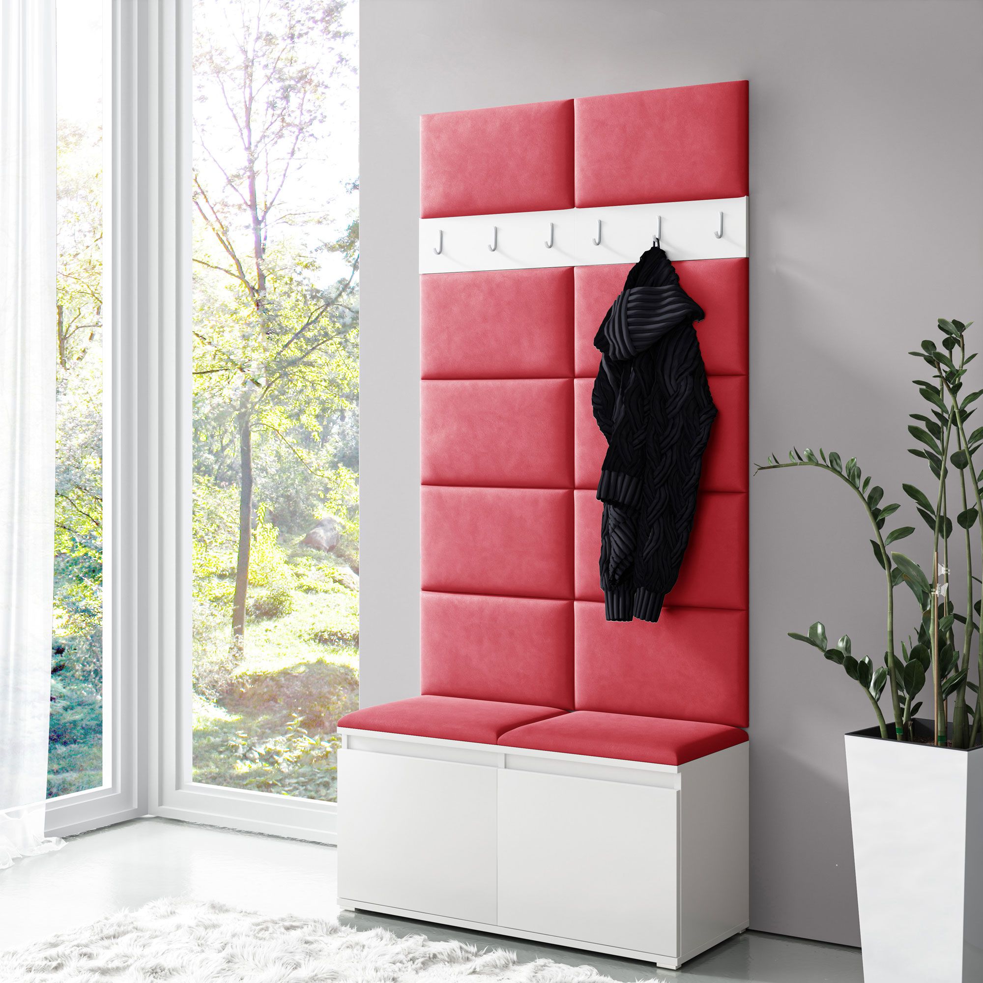 Appendiabiti stretto 01 con panca imbottita, colore: bianco/rosso, 215 x 100 x 40 cm, per 8 paia di scarpe, 6 ganci per cappotti, 4 scomparti