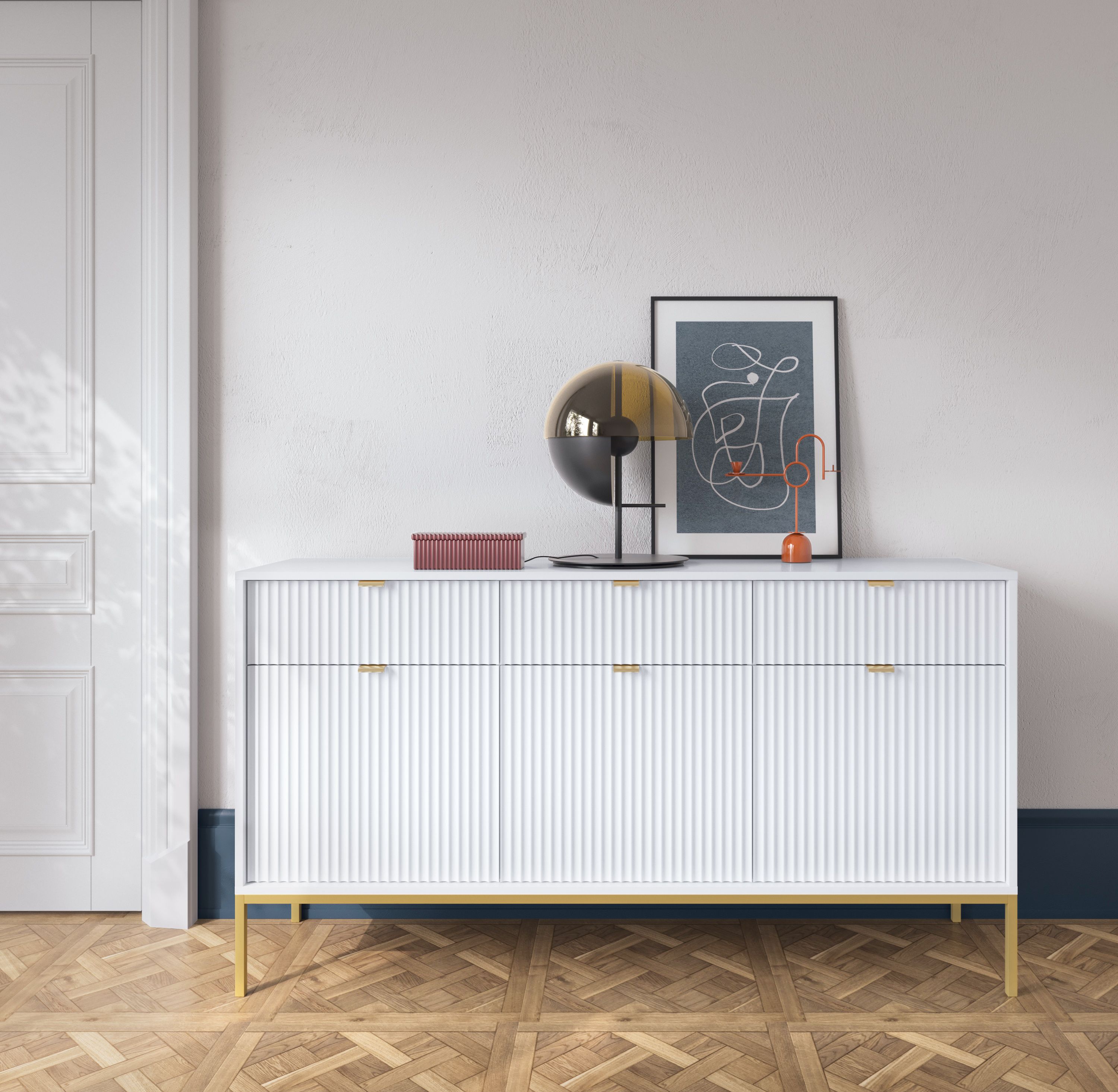 Kommode mit genügend Stauraum Worthing 25, Farbe: Weiß / Gold - Abmessungen: 83 x 154 x 39 cm (H x B x T)