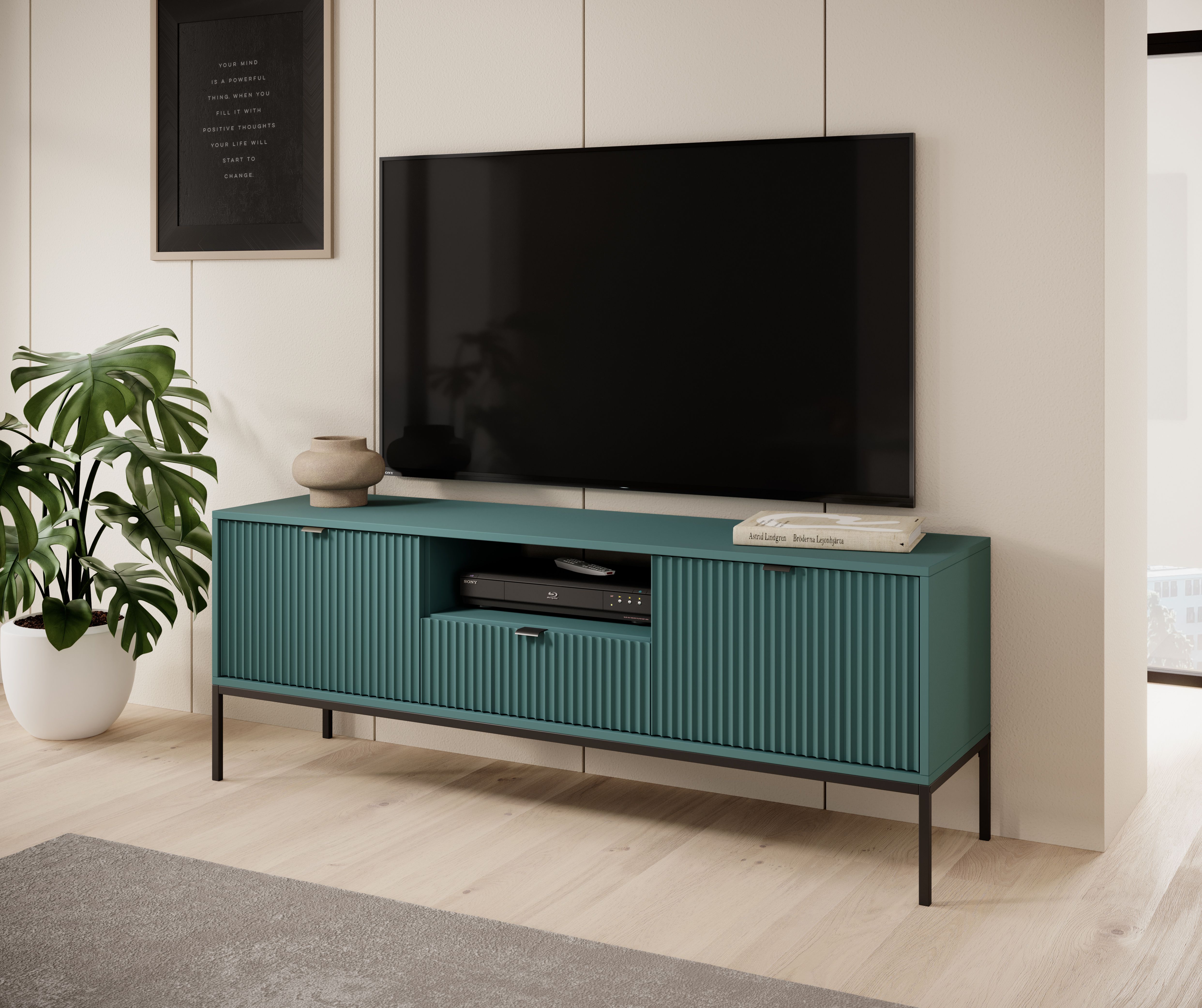 TV-Möbel mit genügend Stauraum Worthing 10, Farbe: Türkis / Schwarz - Abmessungen: 56 x 154 x 39 cm (H x B x T)