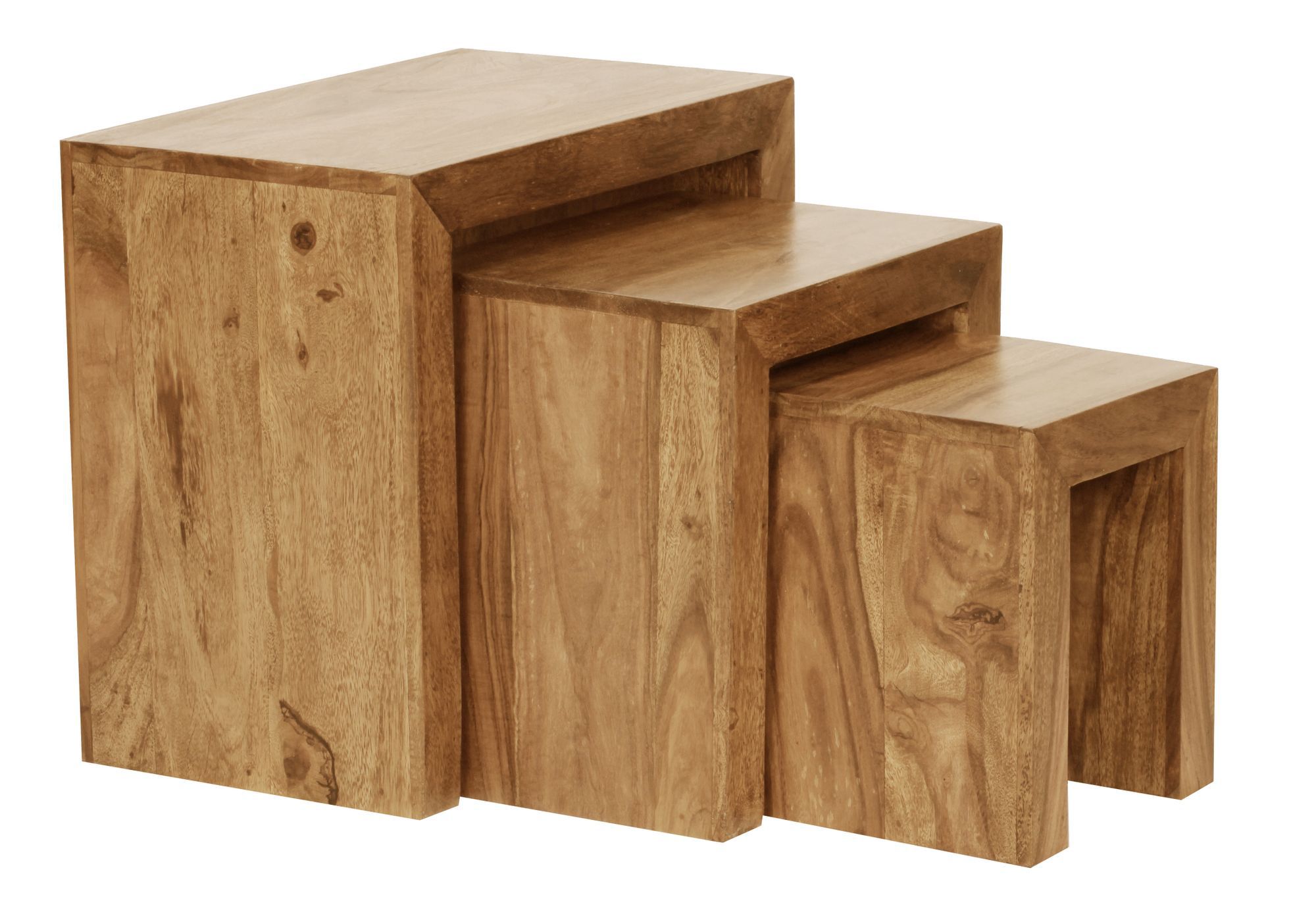 Set di 3 tavoli in legno massiccio di acacia, colore: acacia - Dimensioni: 50 x 30 x 45 cm (H x L x P), con bellissime venature naturali del legno