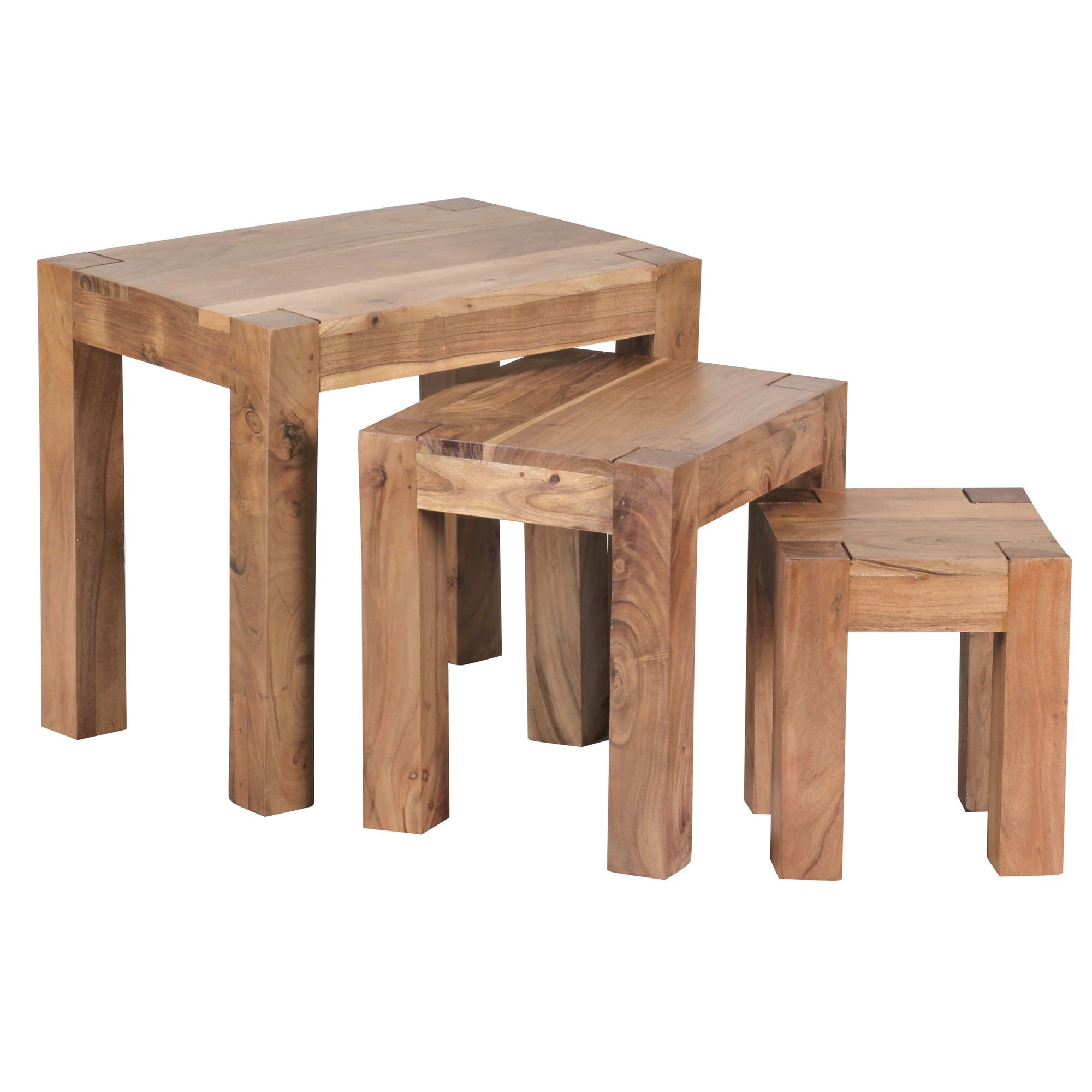 Set di 3 tavolini in legno massiccio di acacia, colore: acacia - dimensioni: 45 x 36 x 50 cm (A x L x P), fatti a mano