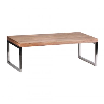 Grande tavolo da soggiorno in legno massiccio di acacia con struttura cromata, colore: acacia / cromo - Dimensioni: 40 x 60 x 120 cm (A x L x P), fatto a mano