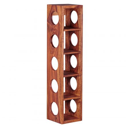 Portabottiglie stretto in legno massiccio di Sheesham, colore: Sheesham - Dimensioni: 70 x 15 x 15 cm (A x L x P), adatto per 5 bottiglie