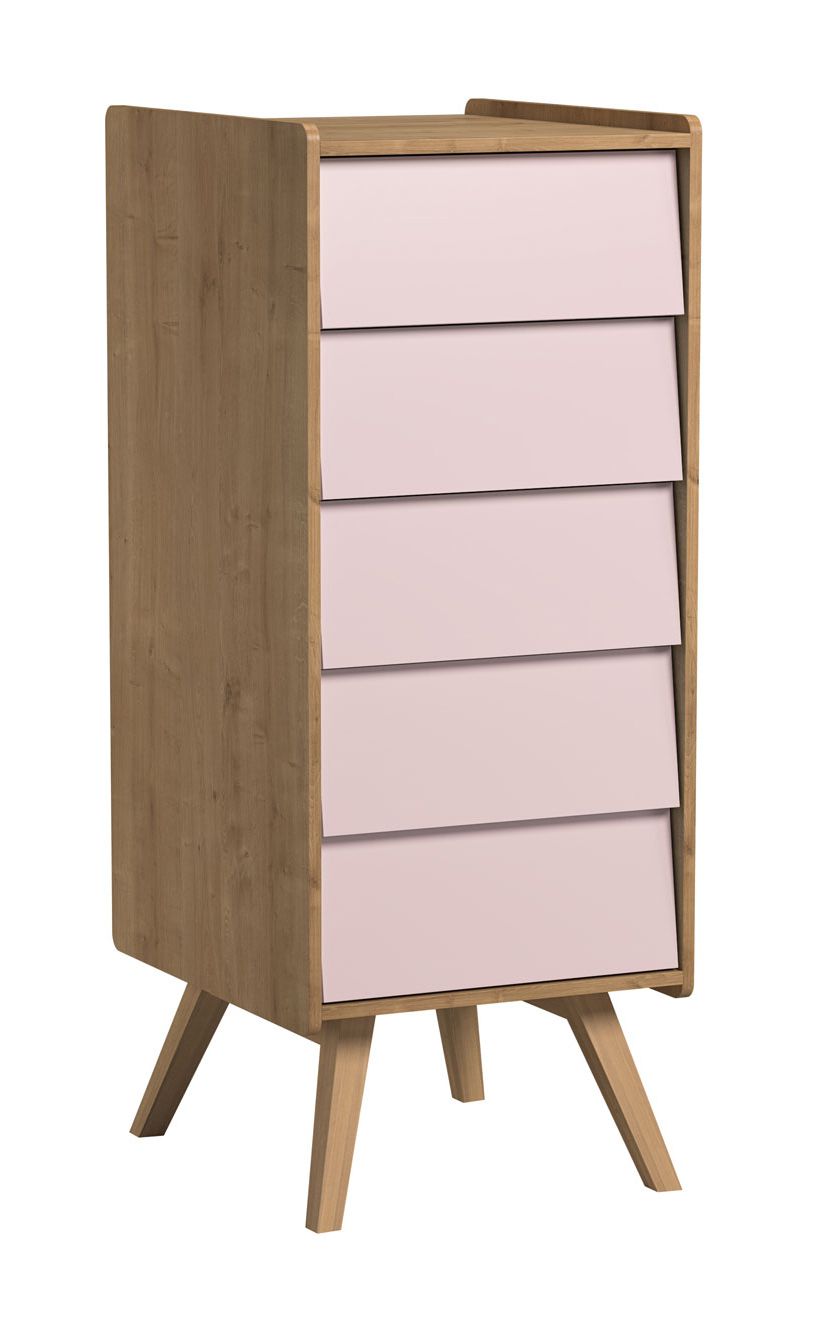 Kommode mit fünf Schublade Aleksander 10, fünf Schubladen, Push-to-open Funktion, Farbe: Eiche / Rosa, Maße: 128 x 50 x 40 cm, sehr Langlebig