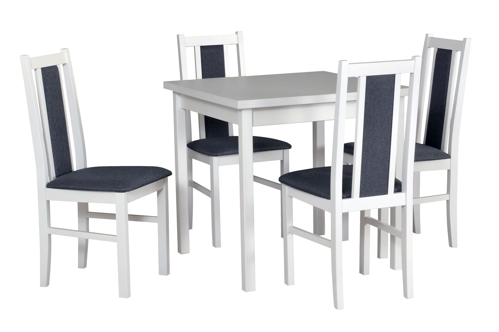 Set completo per sala da pranzo M, 5 pezzi, colore del legno: bianco, legno robusto, imbottitura confortevole e morbida sulla seduta, design moderno, piano in laminato