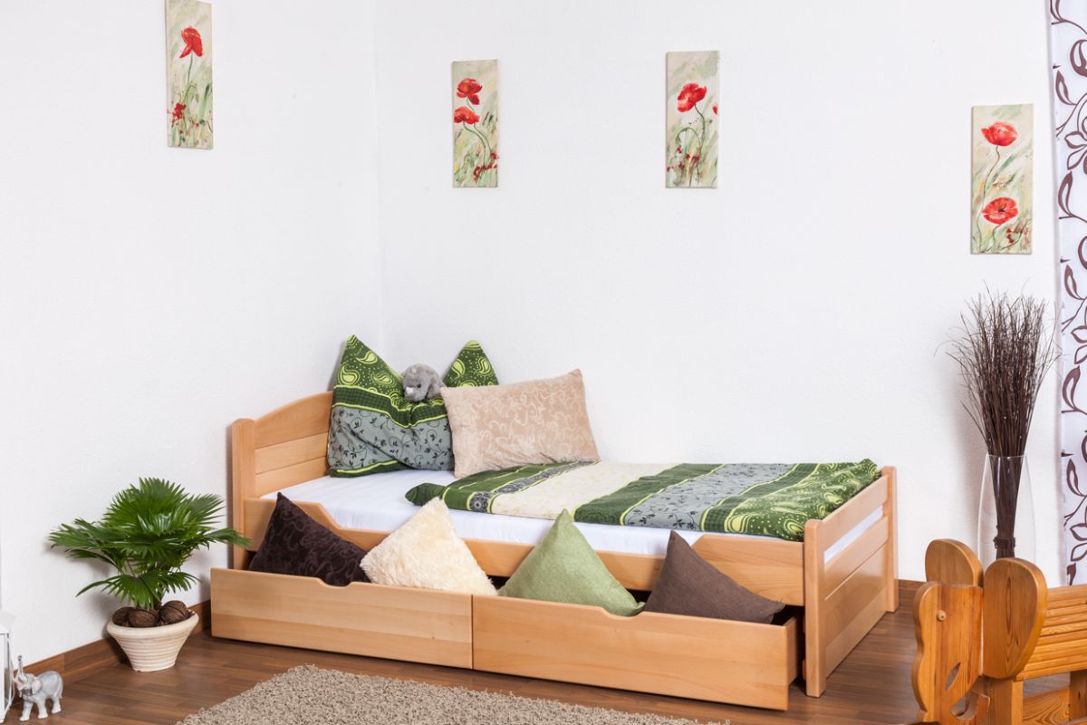 Letto singolo "Easy Premium Line" K1/Voll in faggio massello naturale, incl. 2 cassetti e 2 pannelli laterali - 90 x 200 cm