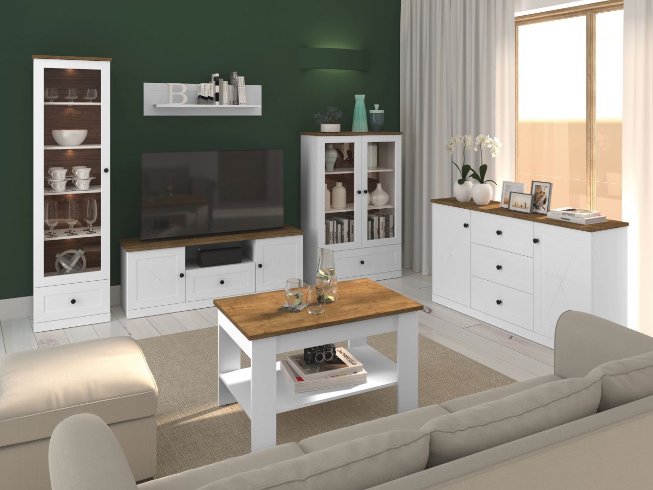 Set completo per soggiorno A Oulainen, 6 pezzi, colore: bianco / rovere