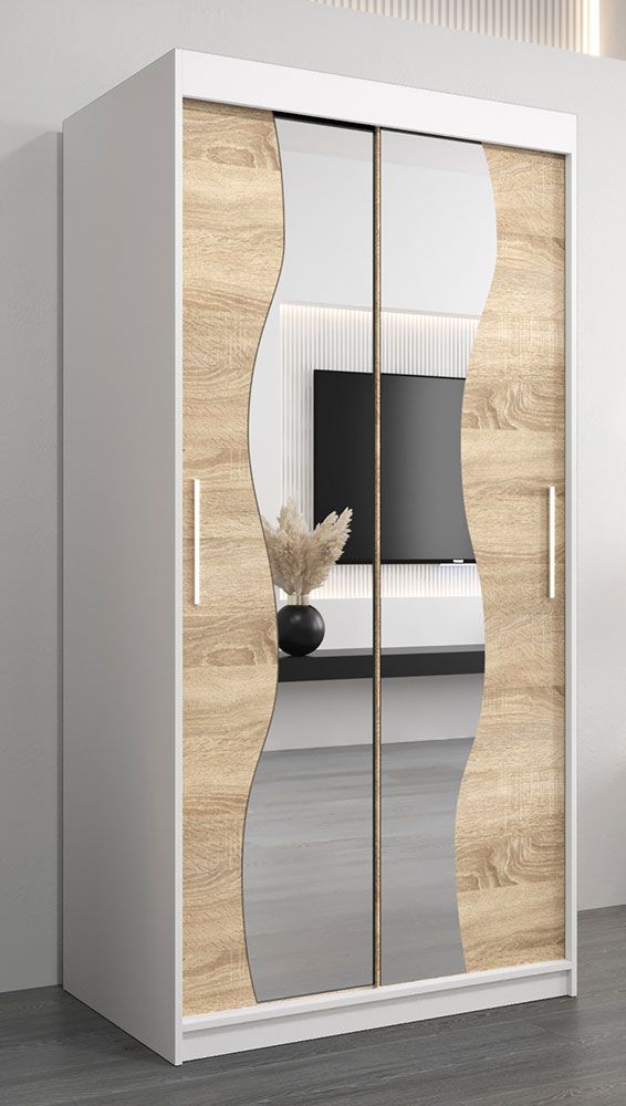 Armadio ad ante scorrevoli Robinyera 01 con specchio, bianco opaco / rovere Sonoma - 200 x 100 x 62 cm (h x l x p)