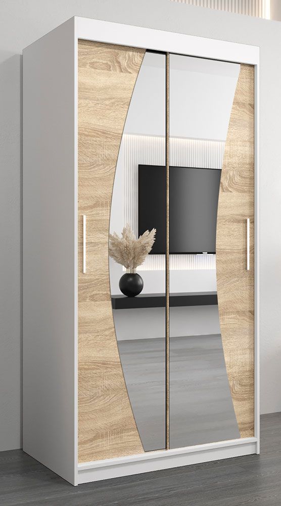 Armadio ad ante scorrevoli Combin 01 con specchio, bianco opaco / rovere Sonoma - 200 x 100 x 62 cm (h x l x p)