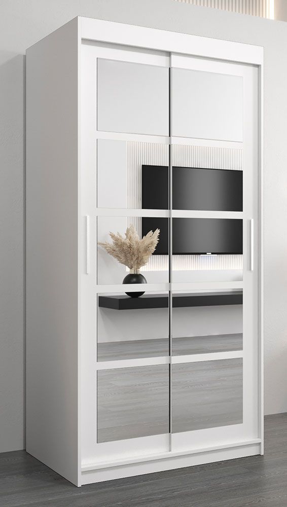 Armadio ad ante scorrevoli Aizkorri 01B con specchio, bianco opaco - 200 x 100 x 62 cm (h x l x p)