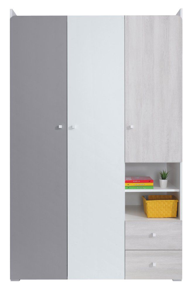 Cameretta - Armadio ad ante battenti "Floreffe" 01 /Armadio, bianco / rovere bianco / grigio - 190 x 120 x 50 cm (h x l x p)