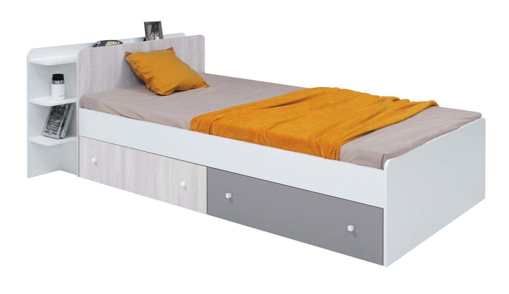 Letto singolo "Floreffe" 12, bianco / rovere bianco / grigio - 90 x 200 cm (l x p)