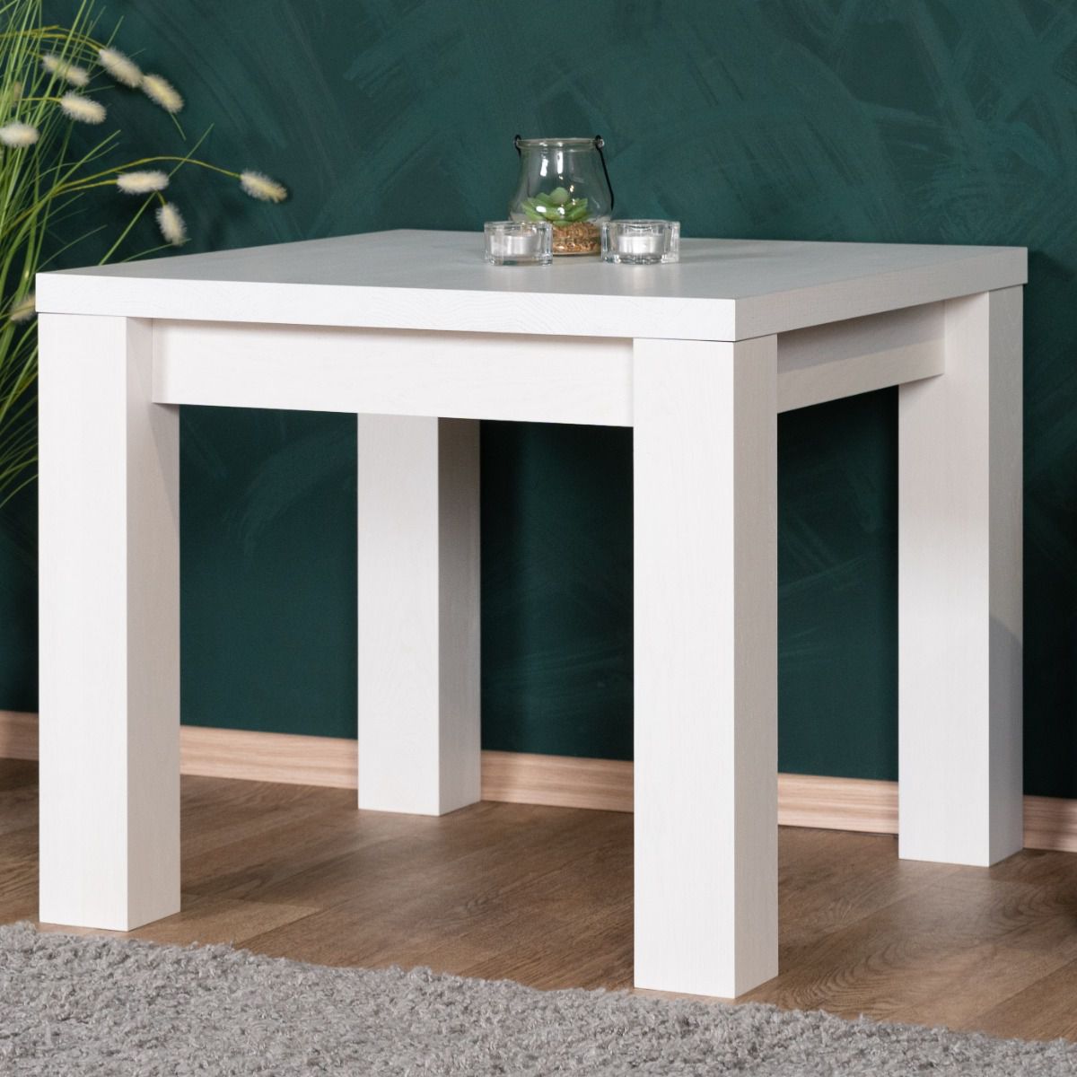 Tavolino bianco in rovere massiccio Pirol 119, 50 x 60 x 60 cm, quadrato, pratico tavolino da salotto, robusto e stabile, lavorazione di alta qualità