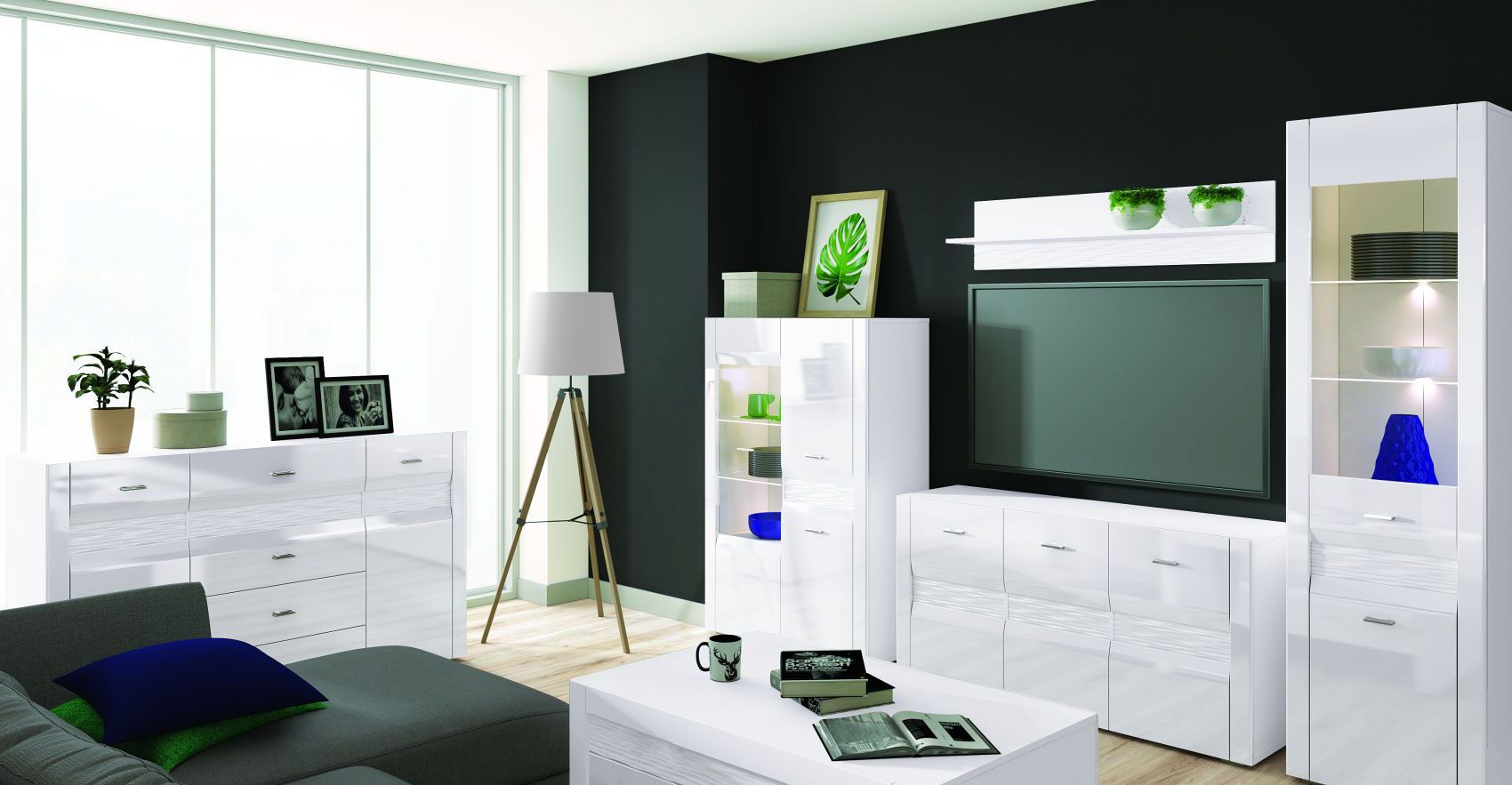 Soggiorno completo - Set B "Heber", 6 pezzi, bianco / bianco lucido