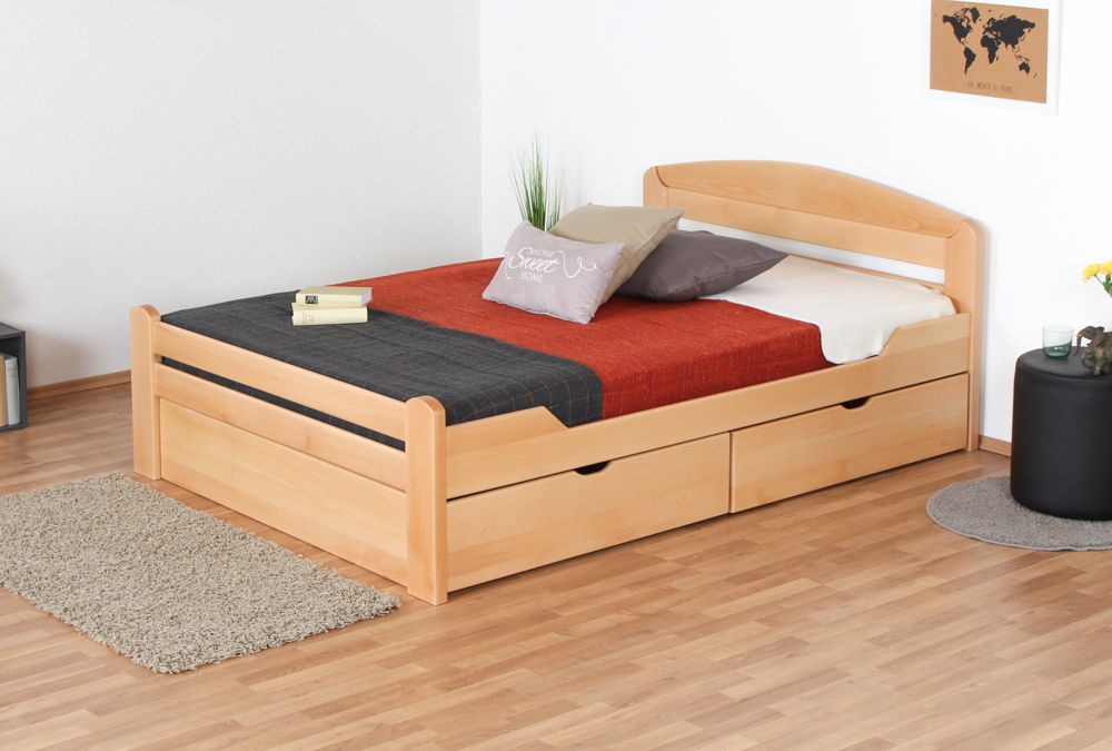 Letto alla francese "Easy Premium Line" K5 in faggio massello naturale, incl. 2 cassetti , 1 pannello laterale, 1 rete a doghe 140 x 200 cm