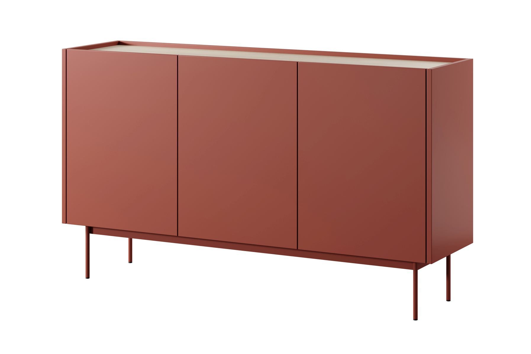 Cassettiera Cascob 02 con sistema di chiusura ammortizzata e 6 scomparti, rosso ceramica / rovere, 83 x 144 x 37 cm, design semplice senza maniglie, ampio spazio di archiviazione