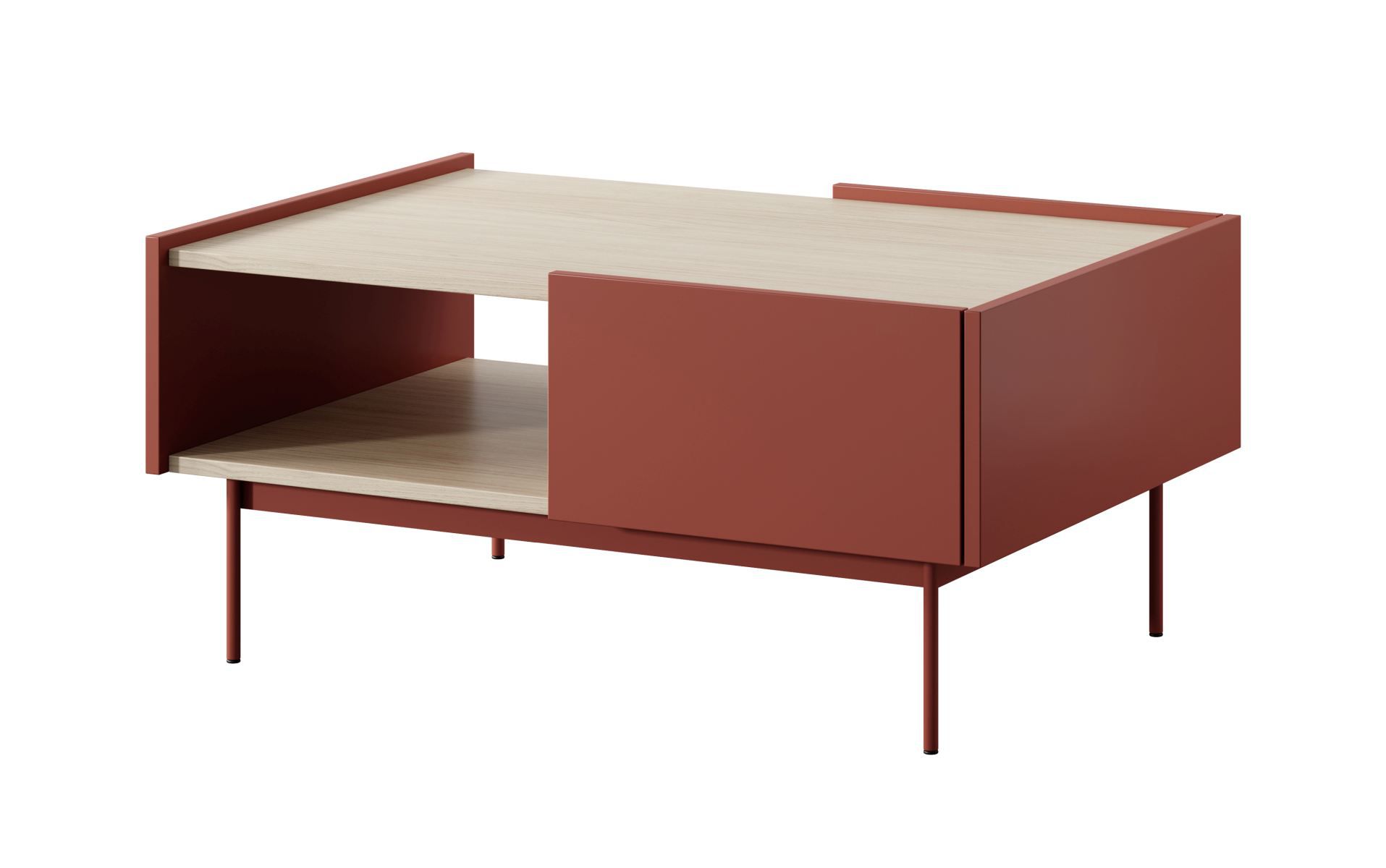 Tavolino moderno Cascob 04, 97 x 65 x 45 cm, rosso ceramica / rovere, con 2 cassetti e pratico scomparto, bordi in ABS, struttura stabile, robusto