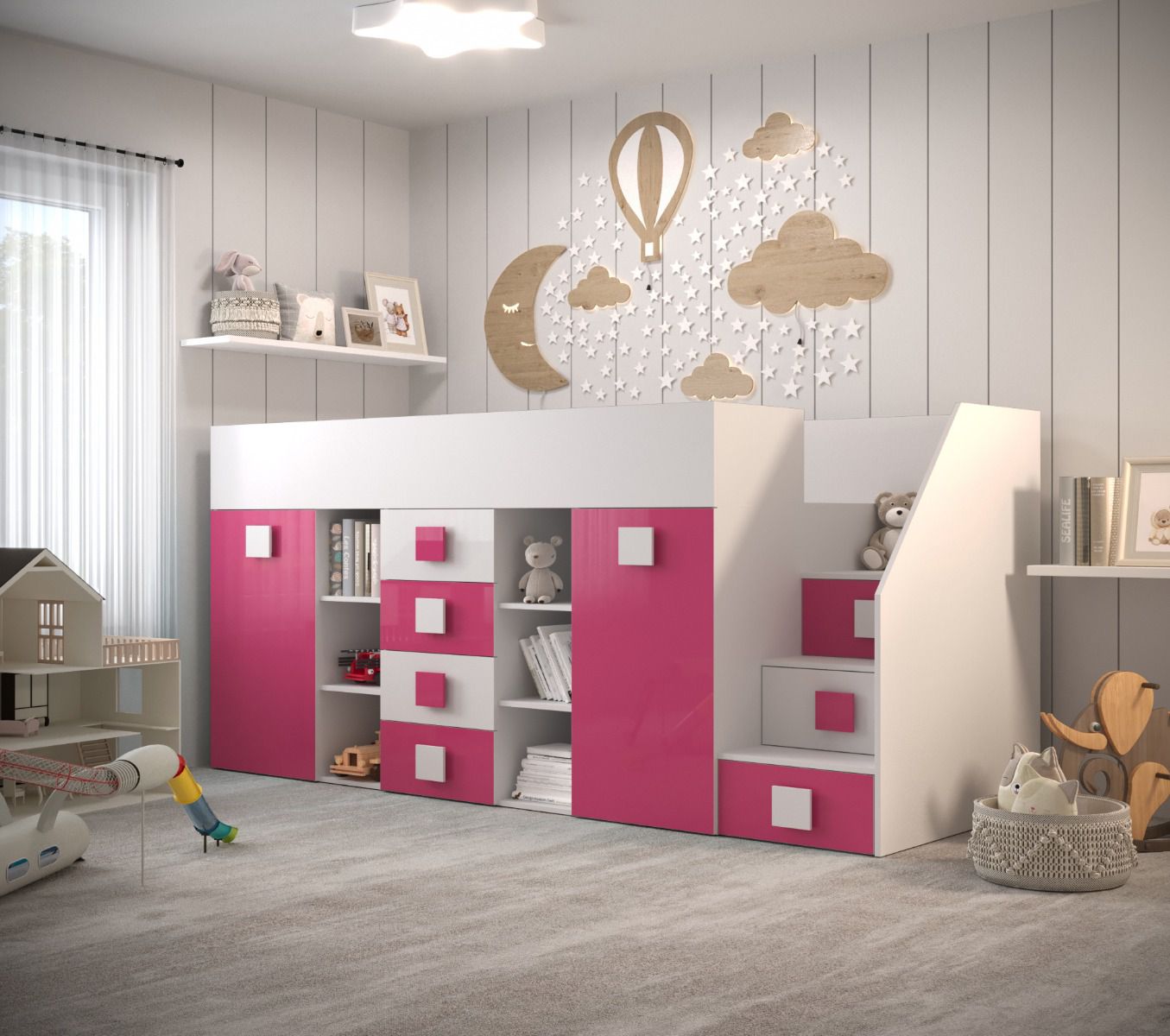 Letto funzionale robusto / letto per bambini, scala: destra, Jura 71, colore: bianco / rosa, superficie di appoggio: 90 x 200 cm, stile moderno, 12 scomparti