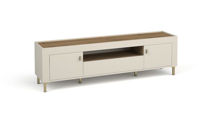 Moderner TV-Schrank / TV-Möbel mit einen offenen Fach Barbe 24, mit zwei Türen, drei Fächer, Farbe: Kaschmir, Maße: 51,5 x 177 x 40 cm, ABS-Kantenschutz, eine Schublade, Griffe: Gold, sehr Langlebig 