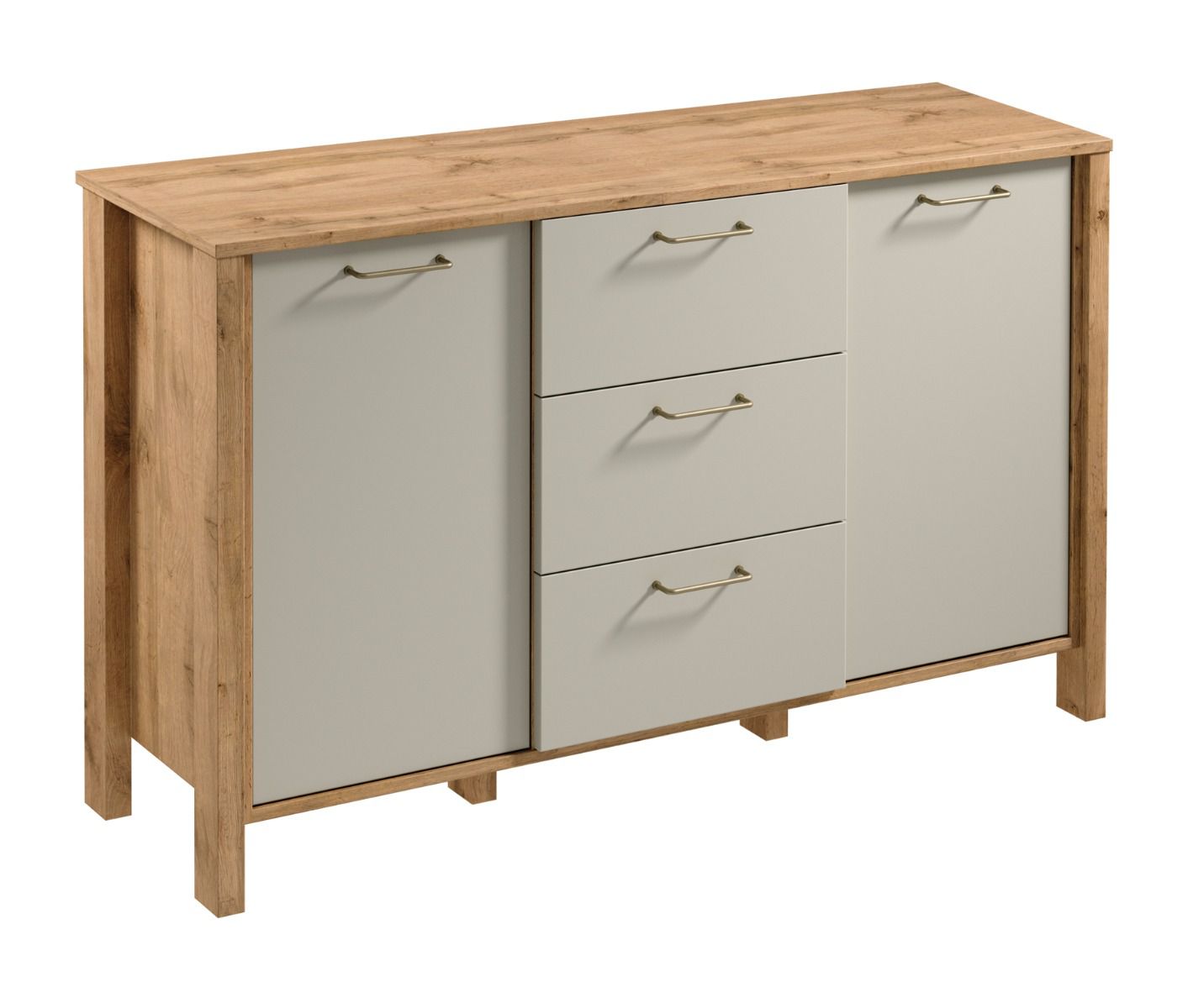 Cassettiera/ credenza Braianik 02 con 3 cassetti, 4 scomparti, 2 ripiani e 2 ante, maniglie in metallo, rovere Wotan / beige, 81 x 138 x 40 cm