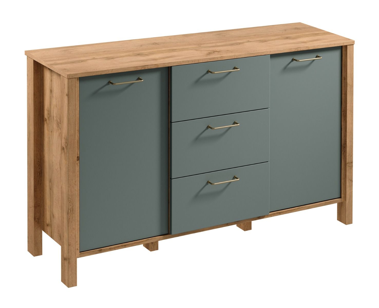 Cassettiera / credenza Braianik 18, rovere Wotan / verde, con 3 cassetti, 4 scomparti, 2 ripiani, 2 ante, 81 x 138 x 40 cm, maniglie in metallo