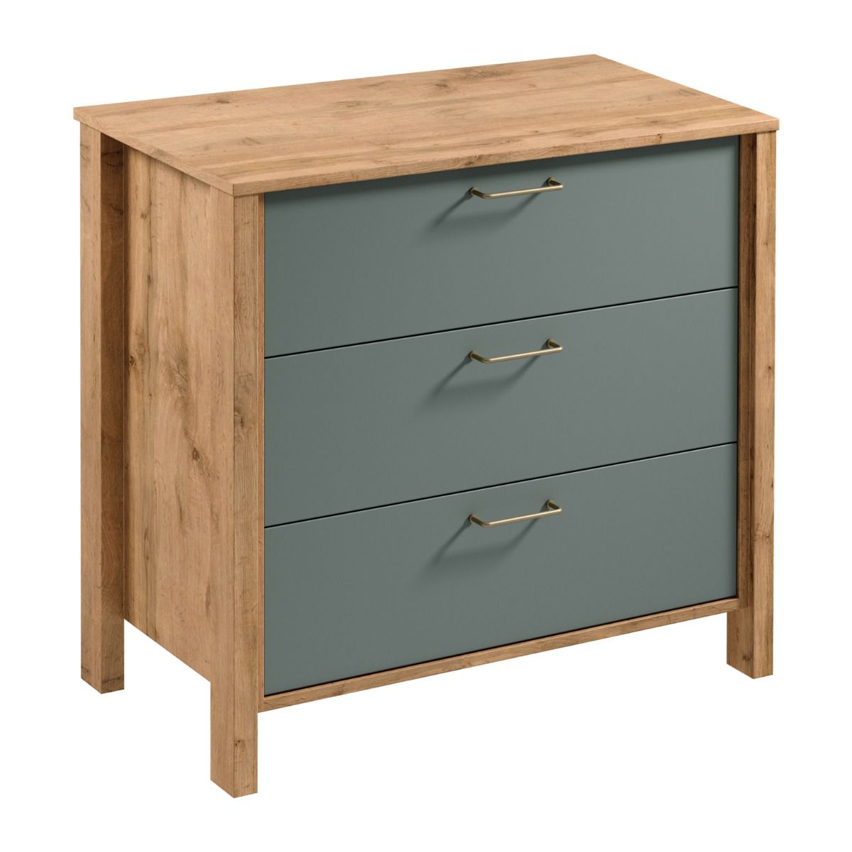 Cassettiera / credenza Braianik 19, rovere Wotan / verde, soggiorno, camera da letto, ufficio, ABS, 3 cassetti, 81 x 90 x 47 cm, maniglie in metallo