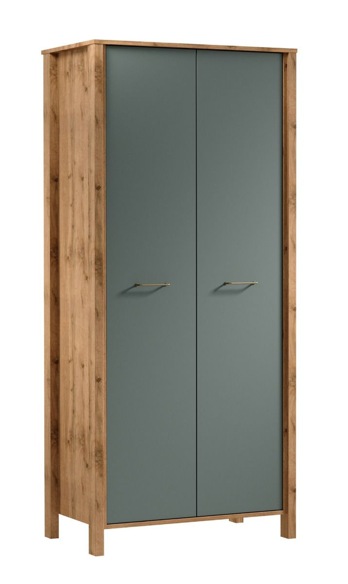 Armadio Braianik 28, rovere Wotan / verde, 200 x 90 x 53 cm con 1 asta appendiabiti, 2 ante, 2 ripiani, 2 scomparti, piedini: spessore 36 mm, ABS