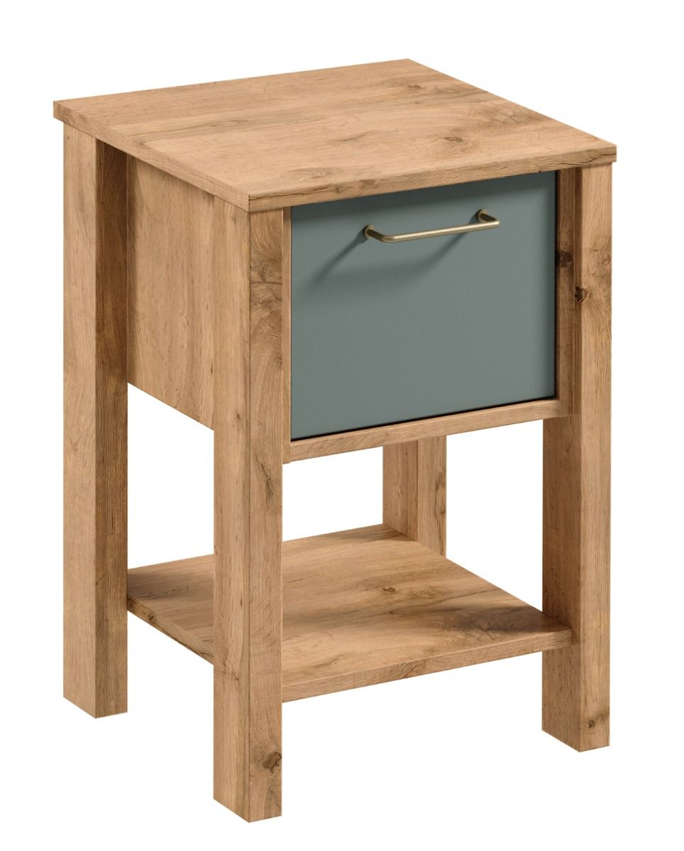 Comodino per camera da letto Braianik 30, colore: rovere Wotar / verde, 1 cassetto, 1 vano per libri, riviste, ABS, 59 x 42 x 37 cm