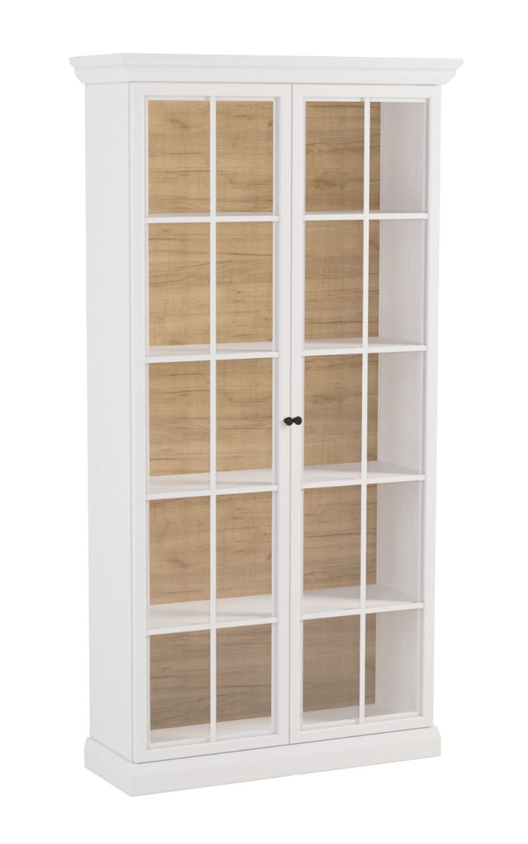 Vetrina Torsakala 07, ante moderne in vetro con telaio in legno, bianco opalino, 3 ripiani, 5 scomparti, illuminazione LED inclusa, 200 x 103 x 41 cm, maniglie in metallo