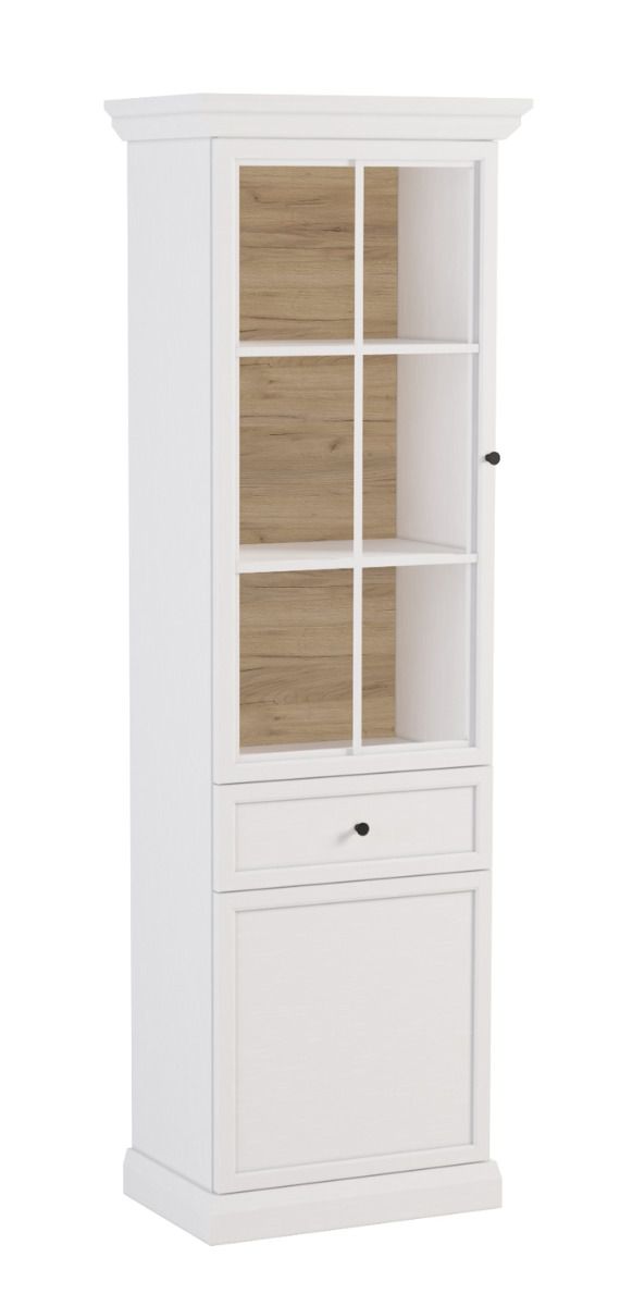 Vetrina Torsakala 08, anta in vetro incorniciata in legno, 1 anta in legno, 3 ripiani, 5 scomparti, 200 x 63 x 41 cm, inclusa illuminazione LED, bianco opalino