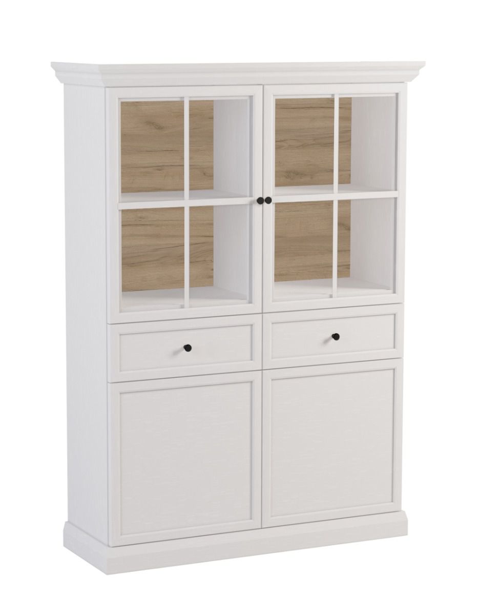 Vetrina Torsakala 09 in bianco opalino, 161 x 114 x 40 cm, 8 scomparti, 4 ripiani, 2 cassetti, 2 ante in legno, 2 ante in vetro, illuminazione LED inclusa, ABS