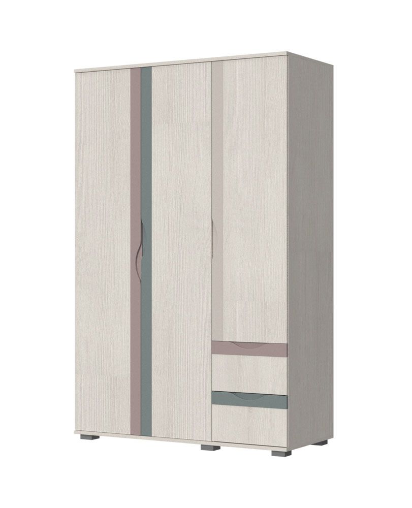 Grande armadio per camera dei bambini / camera dei ragazzi Peter 09, tre ante, colore: pino bianco / beige / rosa / blu, dimensioni: 200 x 128 x 56 cm, chiusura ammortizzata 