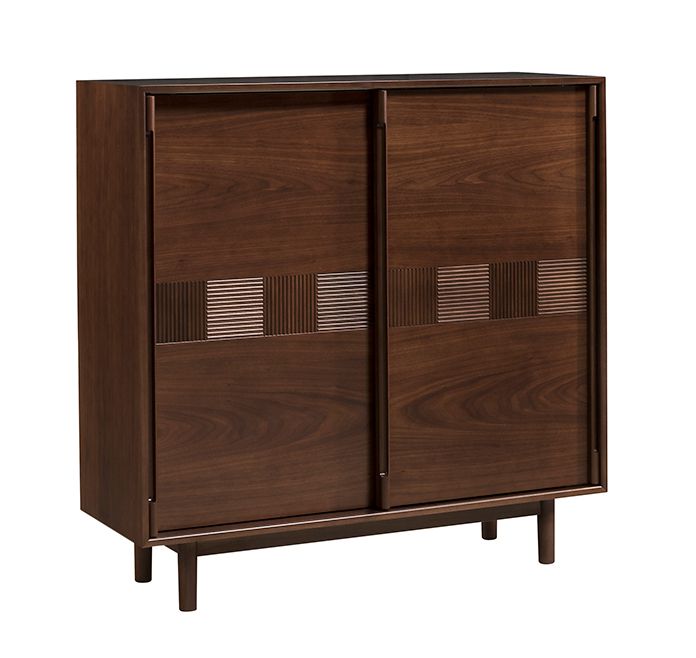 Cassettiera alta / credenza Inginele 03 laccata noce, 111 x 109 x 43 cm, 2 ante scorrevoli, 2 cassetti ad estrazione parziale, 5 scomparti, soggiorno