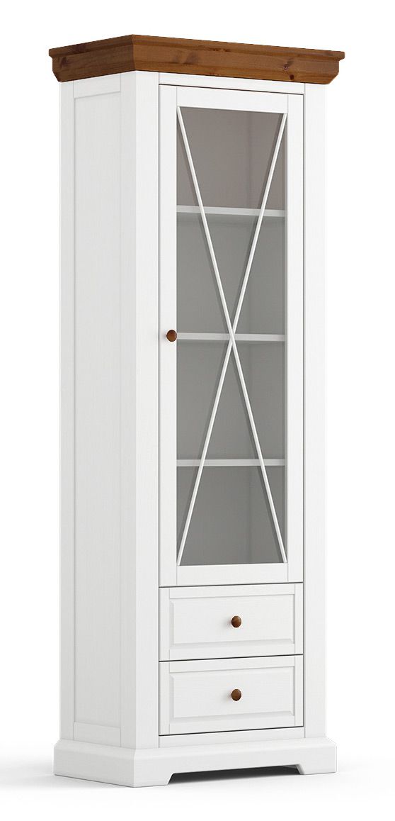 Vetrina stretta Gimone 01 in bianco / Tabacco in pino finlandese, 200 x 70 x 41 cm, 1 anta in vetro, 2 cassetti, 3 ripiani, 4 scomparti, stile classico