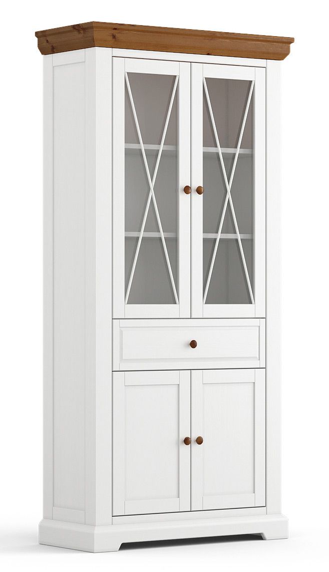 Vetrina Gimone 02 in pino finlandese, bianco / Tabacco, 200 x 95 x 41 cm, 2 ante in vetro, 2 ante in legno, 1 cassetto, 3 ripiani, 5 vani, elegante