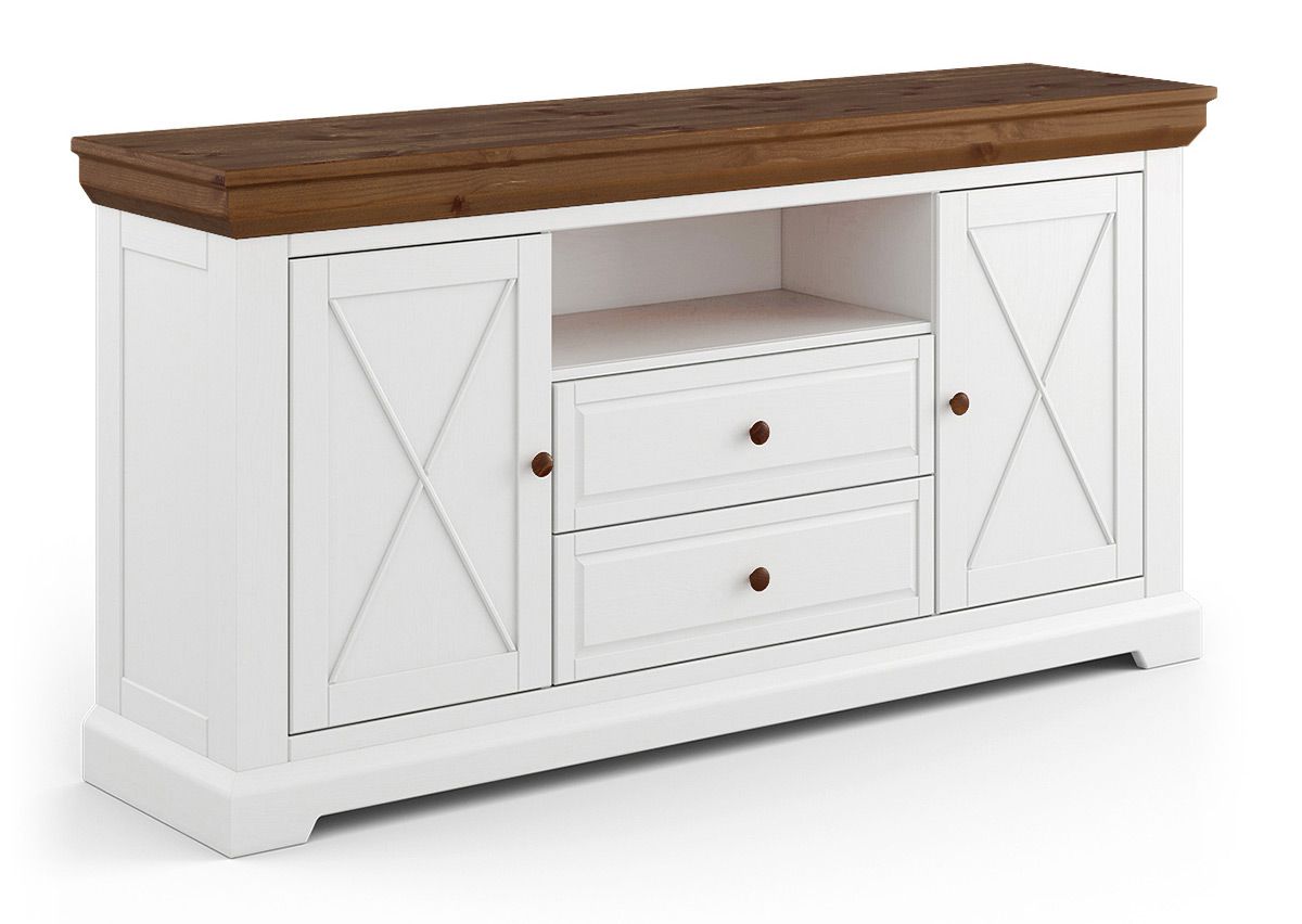 Cassettiera Gimone 05, chiusura ammortizzata, 5 scomparti, 2 ante in legno, 2 cassetti, 85 x 166 x 41 cm, pino finlandese, bianco/tabacco, 2 ripiani, elegante