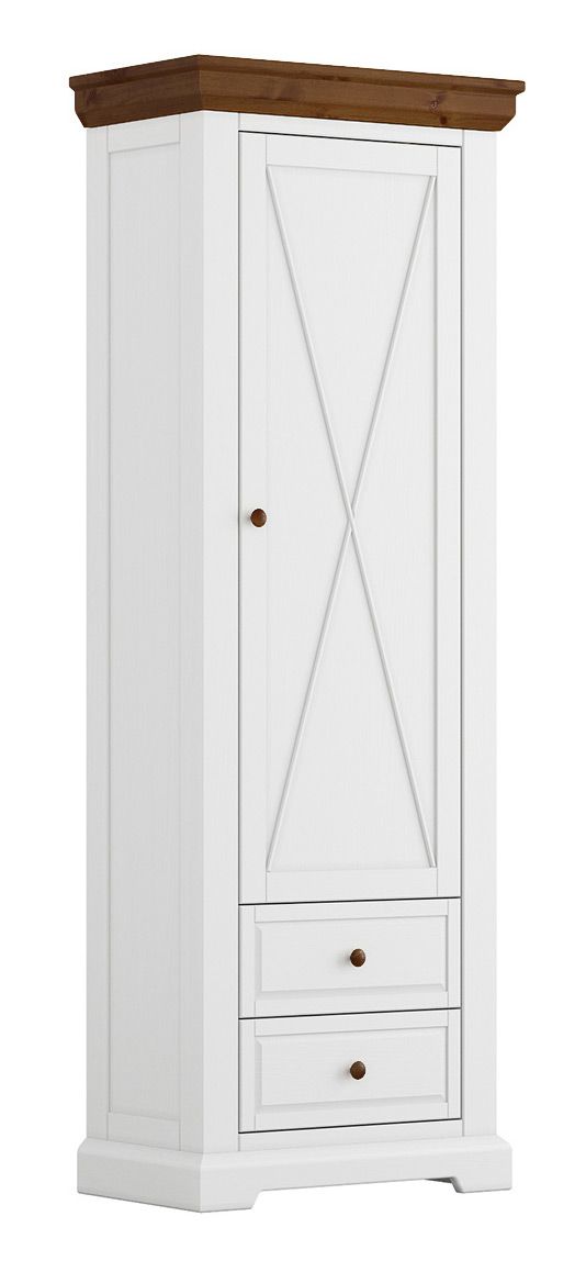 Armadio stretto Gimone 12, in pino finlandese, bianco / Tabacco, 200 x 70 x 42 cm, 1 anta in legno, chiusura ammortizzata, 2 cassetti, 1 ripiano