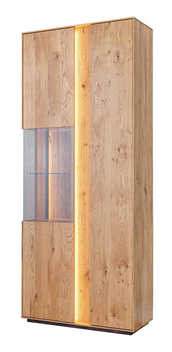 Vetrina Sienne 03 a 2 ante, 9 ripiani, 11 scomparti, 205 x 84,5 x 37 cm, in rovere selvatico spazzolato e oliato, legno massiccio, compresa illuminazione a LED