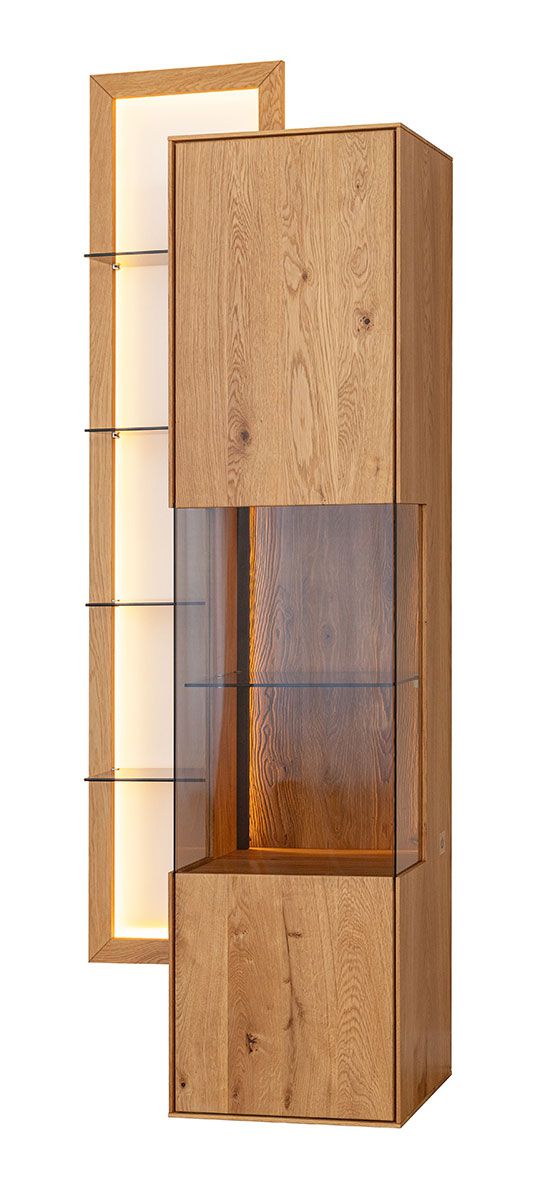 Pensile Sienne 04 con 1 anta, vetro colorato, rovere selvatico massiccio, apertura a pressione, 8 ripiani, illuminazione LED inclusa, 175 x 73 x 37 cm, legno spazzolato