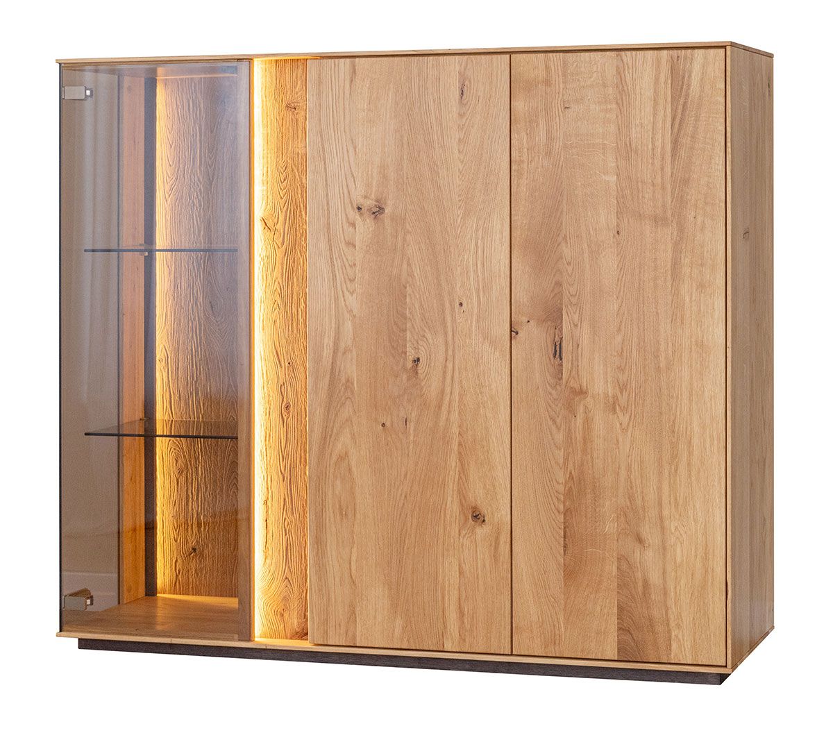 Vetrina Sienne 12 in vetro colorato e legno massiccio di rovere selvatico, 115 x 135 x 37 cm, 3 ante, 6 ripiani, 9 scomparti, legno: spazzolato, oliato, LED incluso.