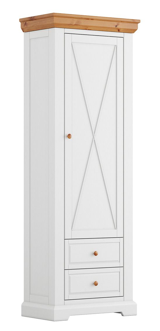 Armadio stretto Bresle 14 con 200 x 70 x 42 cm, bianco/naturale, in pino finlandese, 1x anta in legno, 2x cassetti, 1x ripiano, chiusura ammortizzata