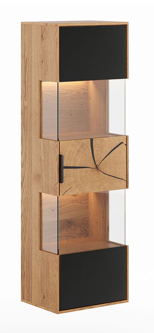 Armadio a muro Rania 16 in rovere / nero, legno massiccio, 142 x 43 x 33 cm, frontale in legno e vetro, 1 anta, 4 ripiani, 5 scomparti, illuminazione LED inclusa