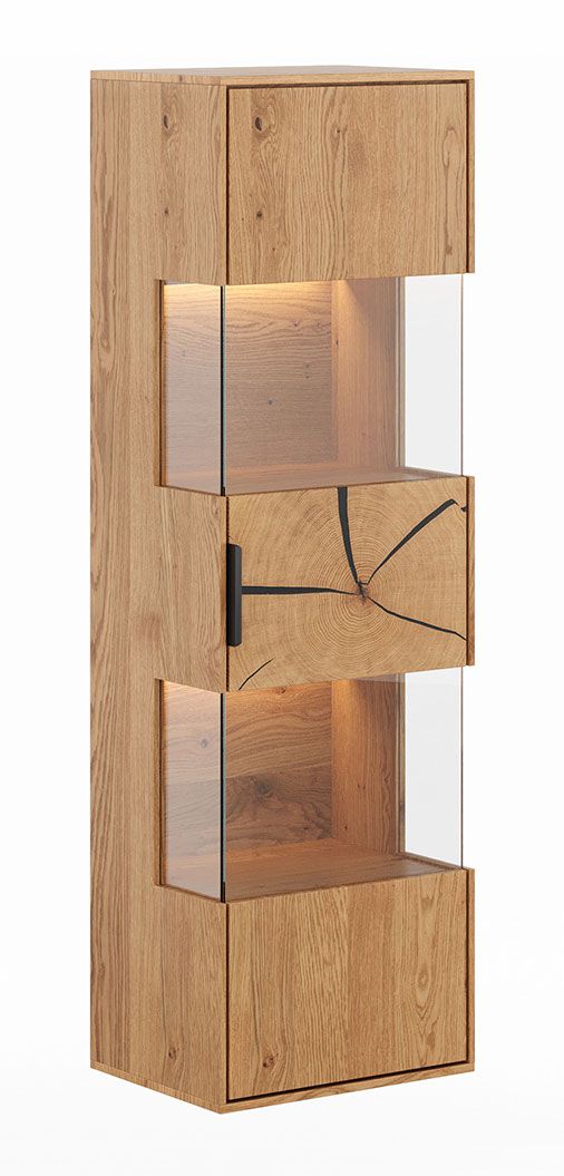 Armadio a muro Rania 11 in rovere massiccio e massello, 142 x 43 x 33 cm, 1 anta, 4 ripiani, 5 scomparti, illuminazione LED inclusa, chiusura ammortizzata, maniglie in metallo