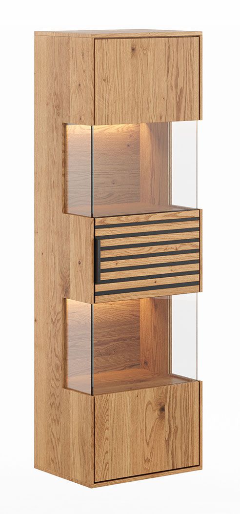 Armadio a muro Rania 06 in rovere / nero, legno massiccio oliato, 142 x 43 x 33 cm, illuminazione LED inclusa, 1 anta, 4 ripiani, 5 scomparti, chiusura ammortizzata